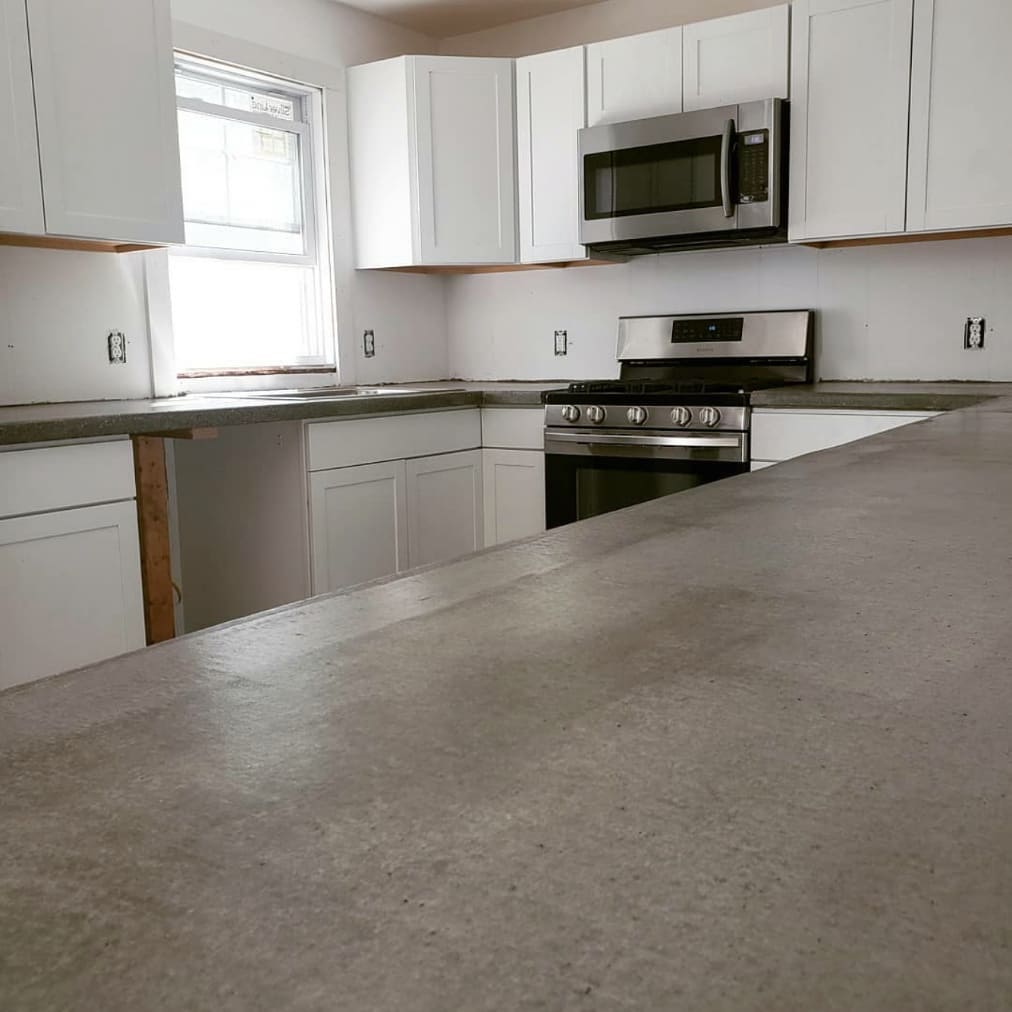 closeup view of concrete counters in kitchen