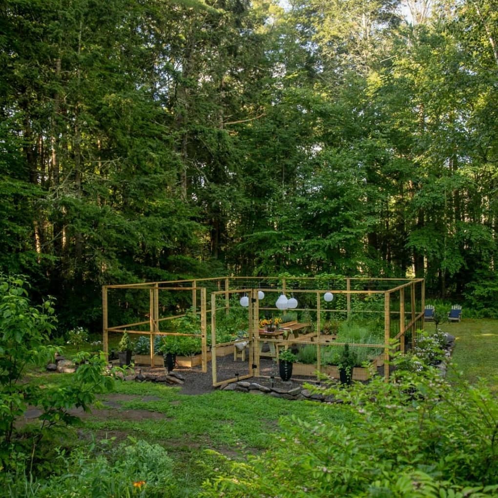 wooden fenced garden area in woods